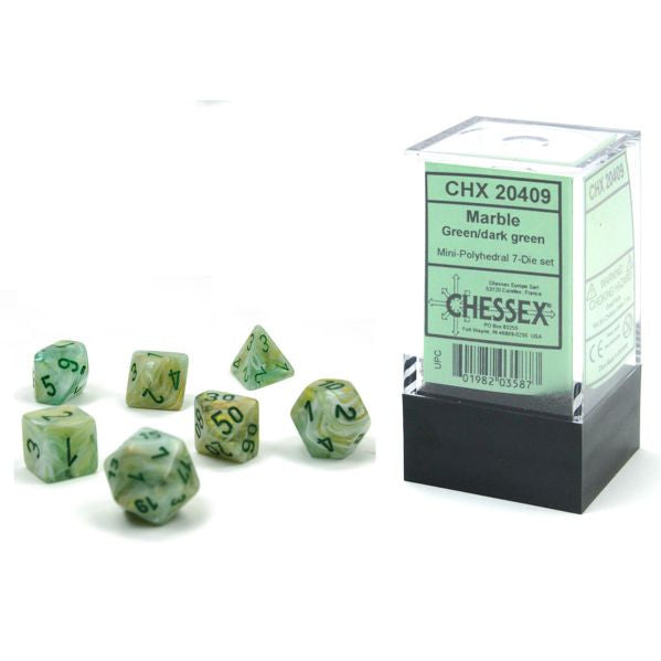 7-set Cube Mini Dice Marble Green with Dark Green Numbers