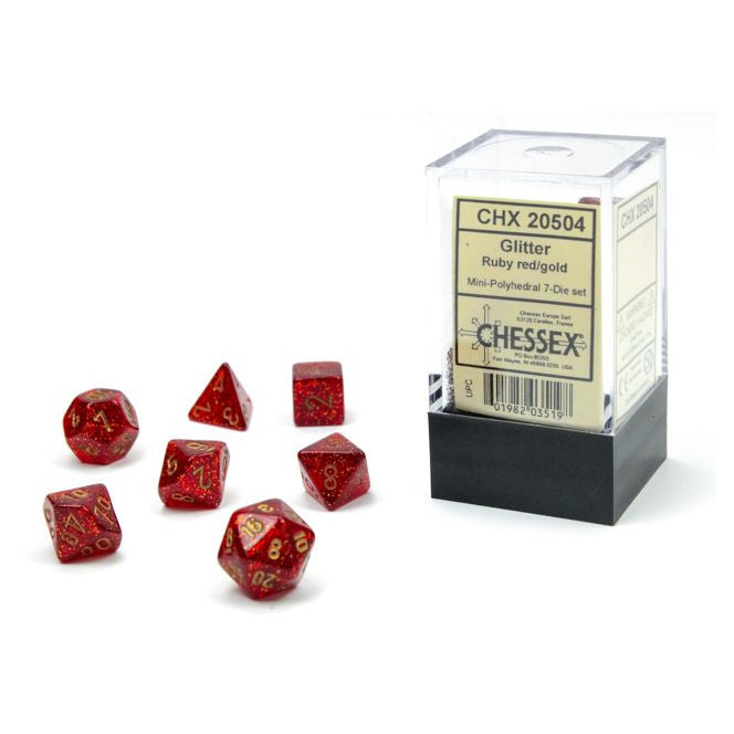 7-set Cube Mini Dice: Glitter Ruby with Gold Numbers